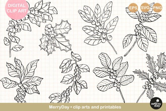 8 Christmas Berry Tree Line Art: Editorial Graphics