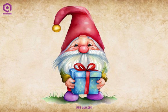 Christmas Gnome Holding Gift Box Graphics & Illustrations